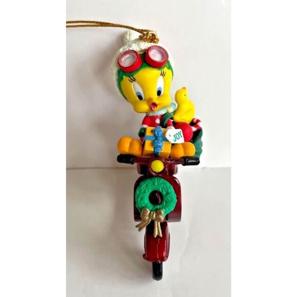 2 Looney Tunes Ornaments Bugs Buggy Candy Cane Tweety Bird Scooter Vintage - Picture 3 of 4